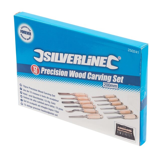 Silverline Houtsnijbeitelset - koolstofstaal - precisie houtsnijwerk - 200 mm - houtkleur - 12-delig - voor fijne beeldhouwwerken