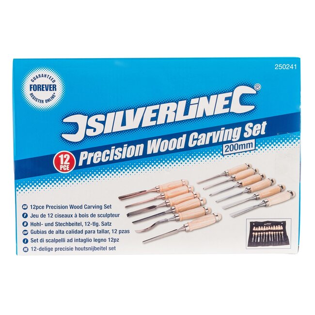 Silverline Houtsnijbeitelset - koolstofstaal - precisie houtsnijwerk - 200 mm - houtkleur - 12-delig - voor fijne beeldhouwwerken