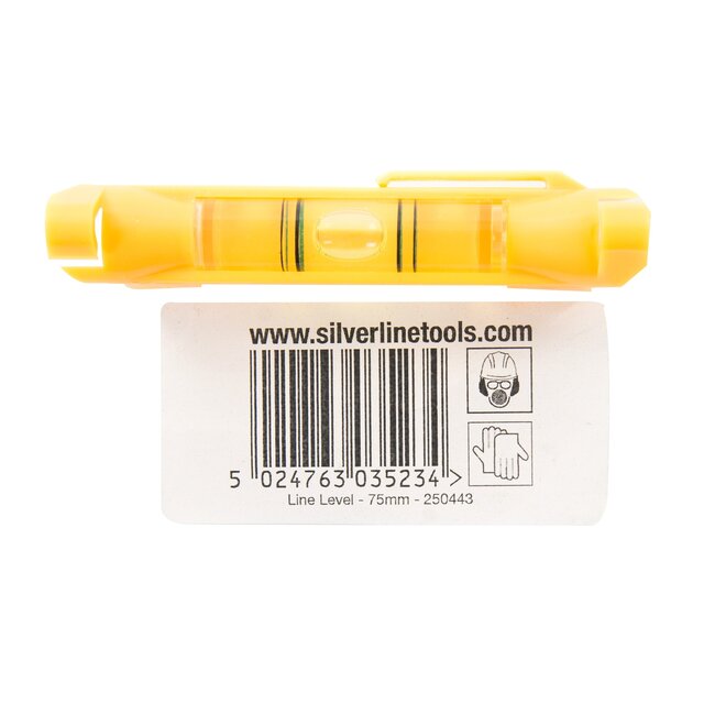 Silverline Lijnwaterpas - ABS kunststof - anti-doorzakhaken en V-groef - 75 mm - geel - voor buizen en metselwerk
