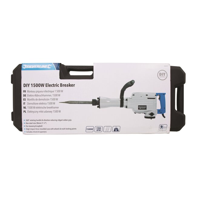Silverline Elektrische breekhamer 1500 watt - 45 joule slagkracht - met rolkoffer en 30 mm beitels - voor metselwerk en asfalt