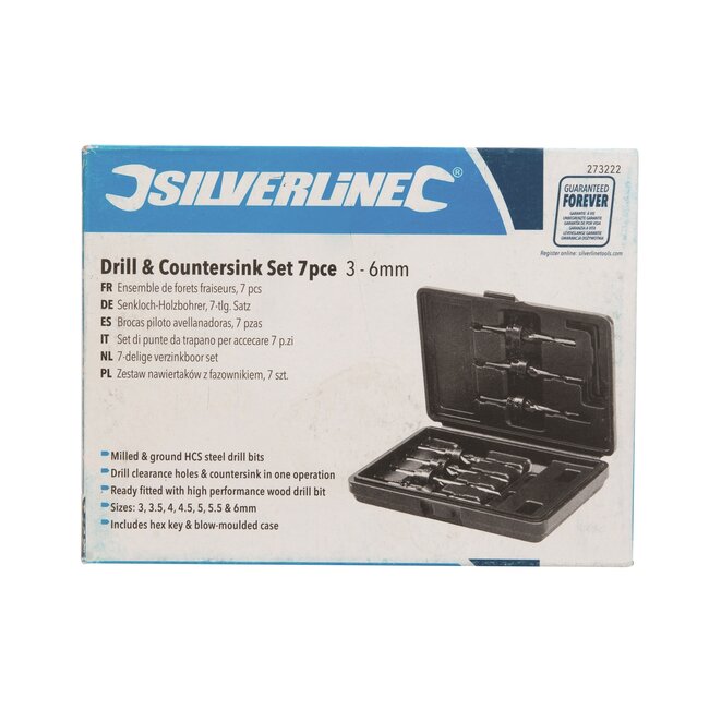Silverline Verzinkboor set - 7 delig - Ø 3 t/m 6 mm - Inclusief kistje en zeskantsleutel