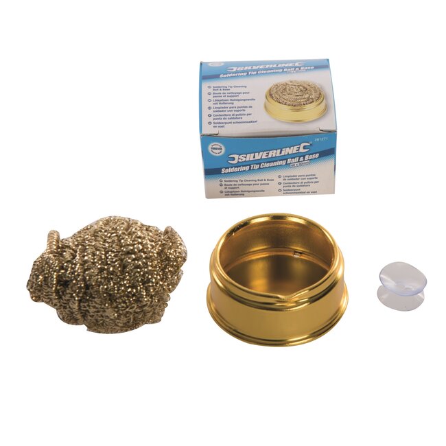 Silverline Soldeerpunt reinigingsset - messing wol - droog reinigen - 60 x 60 mm - goudkleurig - 2-delig - voor soldeerijzer