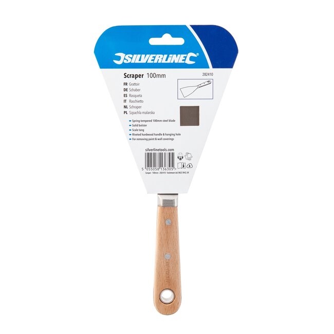 Silverline Schildersschraper - veerstalen blad en hardhouten handvat - ophangoog - 100 mm - bruin - verf en behang verwijderen