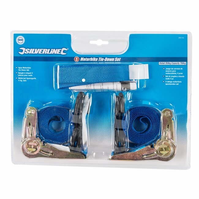 Silverline Ratelspanbanden set - polyester - 25 mm - geel - 4-delig - s-haken en veiligheidslussen - motor, jetski en quad transport