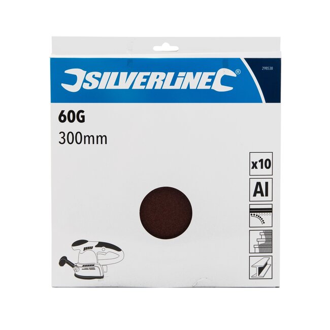 Silverline Klittenband schuurschijven - 300 mm - aluminiumoxide - grof schuren - bruin - 10 stuks - korrel 60 - schuurmachines