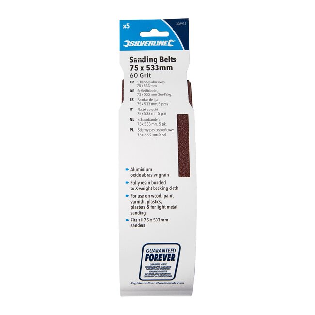 Silverline Schuurbanden aluminiumoxide - 75 x 533 mm - korrel 60 - 5 stuks - grof schuren op hout, metaal, kunststof en gips