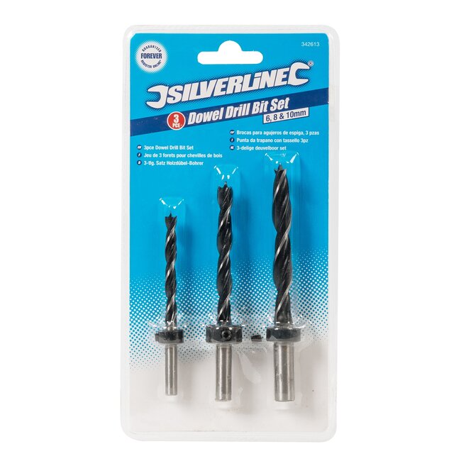 Silverline Deuvelborenset - koolstofstaal - met dieptestops en centreerpunt - 6, 8 en 10 mm - zwart - 3-delig - houtbewerking