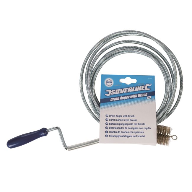 Silverline ontstoppingsveer voor afvoerleidingen - gegalvaniseerd staaldraad met kunststof handgreep - 9 mm x 3 m - zilvergrijs