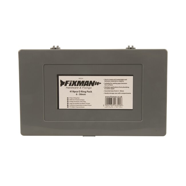 Fixman O-ringenset - rubber - lucht- en waterdicht - 6 tot 58 mm - zwart - 419 stuks - sanitair en horloges - opbergkoffer
