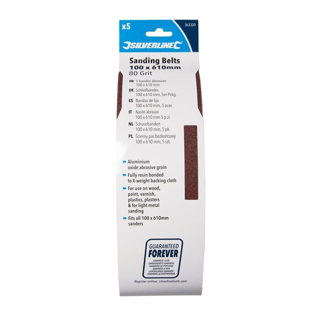 Silverline Schuurbanden - aluminiumoxide - korrel 80, schuren en afwerken - 100 x 610 mm - bruin - 5 stuks - voor hout en metaal
