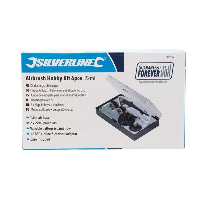 Silverline Airbrushset - metaal en glas - regelbare verfstroom - luchtslang 160 cm - zilver/transparant - 6-delig - modelbouw