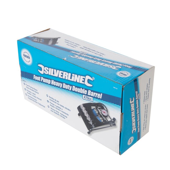 Silverline Voetpomp - staal en rubber - dubbele cilinder met manometer - 470 cm³ - blauw/zwart - 7 bar - voor banden en boten