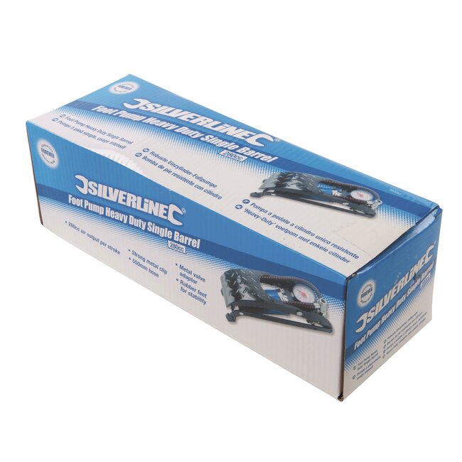 Silverline voetpomp - staal - met manometer, enkelcilinder 7 bar - 280 cm³ - blauw/zwart - voor autobanden en opblaasbare boten