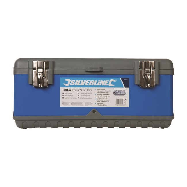 Silverline gereedschapskist - polypropyleen - slagvast, hangslotoog, softgrip handvat - 47 x 22 x 21 cm - grijs/blauw - werkplaats