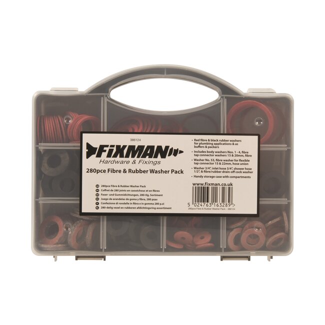Fixman Assortimentskoffer afdichtingsringen - vezel en rubber - 15-22 mm - rood en zwart - 280-delig - kranen en slangen