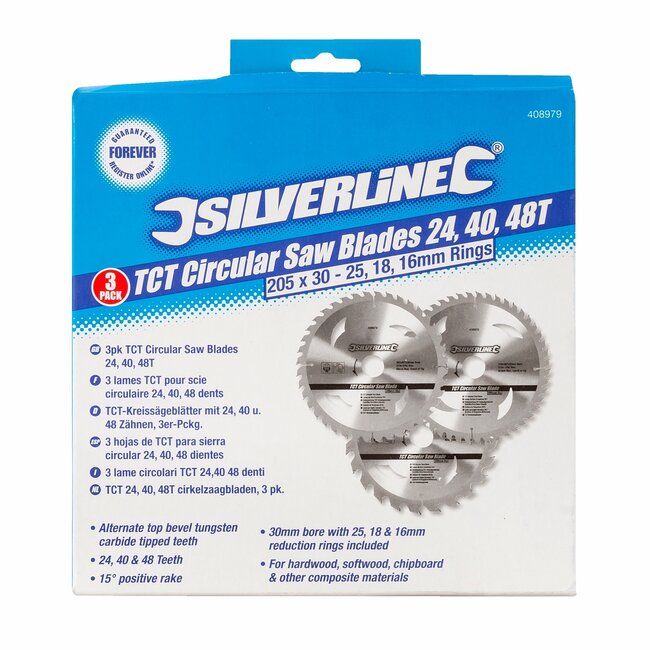 Silverline cirkelzaagbladenset - hardmetaal - 205 mm - 24/40/48 tanden - zilver - 3-delig - voor zagen in hout en spaanplaat