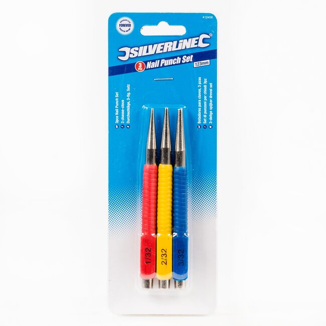 Silverline Spijkerdrevelset - gehard staal - kleurgecodeerde hulzen - 1/32"-3/32" - 3-delig - voor timmer- en precisiewerk