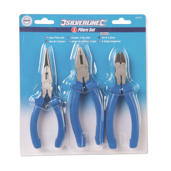Silverline Tangenset 3-delig - gehard staal - 160 mm - antislip - combinatietang, zijsnijtang, langbektang - knippen en buigen