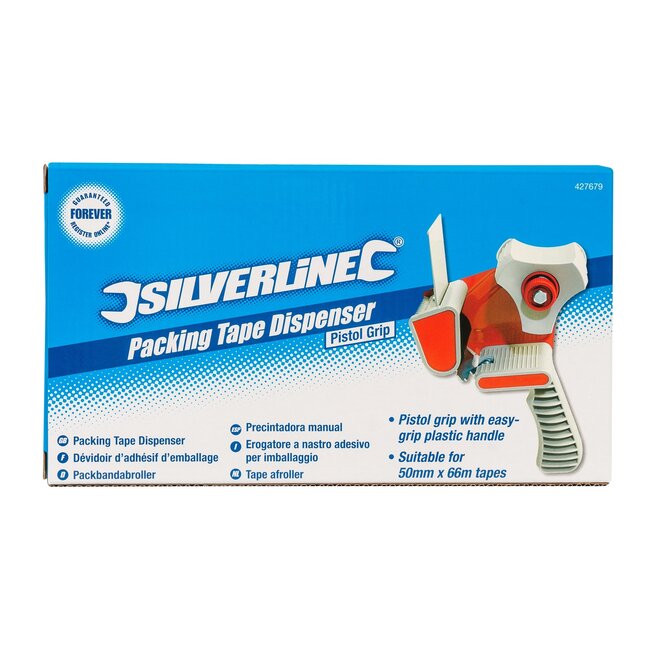 Silverline tapeafroller met pistoolgreep - kunststof/staal - ergonomisch - 48 mm × 50 meter - grijs - verpakken en verzenden