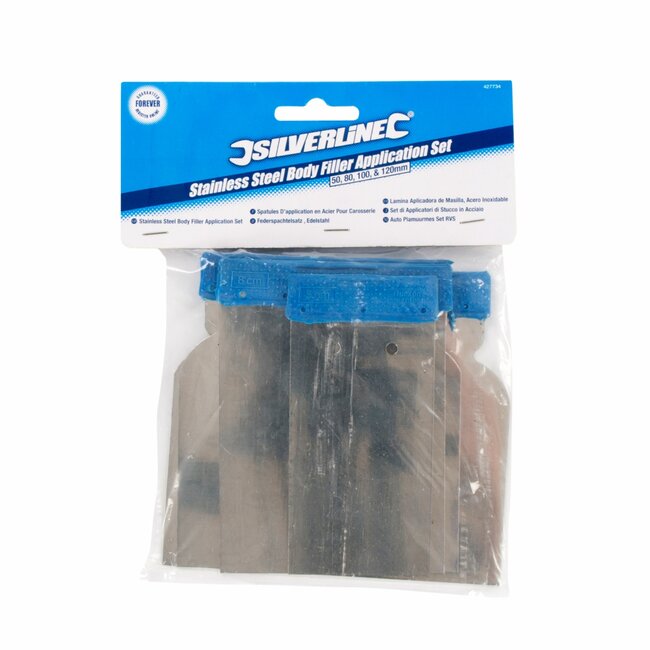 Silverline Plamuurmessenset - roestvrij staal - 5, 8, 10 en 12 cm - voor carrosserievulmiddel - metaalkleur - 4-delig - auto