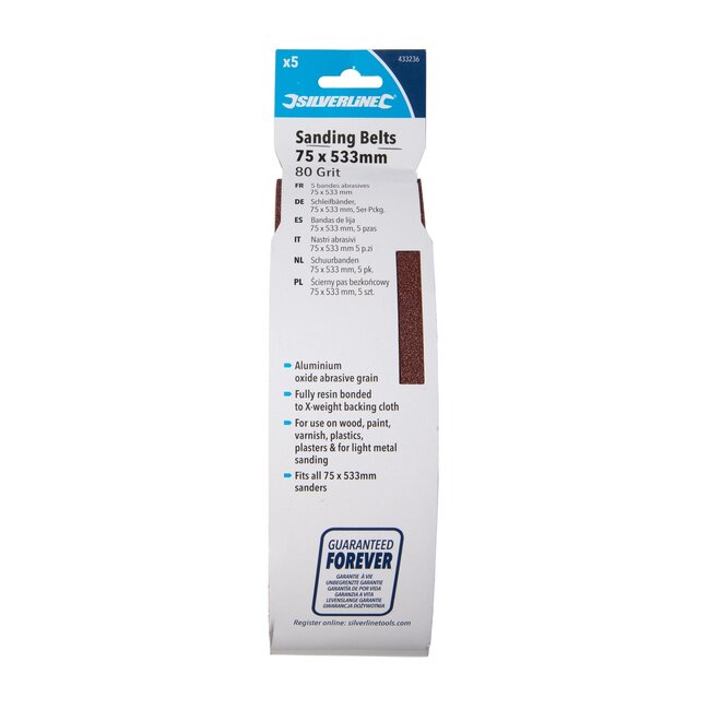Silverline schuurbanden - aluminiumoxide - korrel 80 - 75 x 533 mm - 5 stuks - voor schuren van hout, verf, lak, plastic en metaal