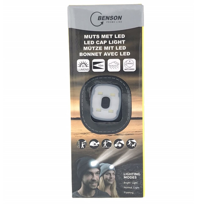 Benson Warme muts met LED verlichting - zwart - drie lichtstanden - uitneembare verlichting - inclusief batterijen