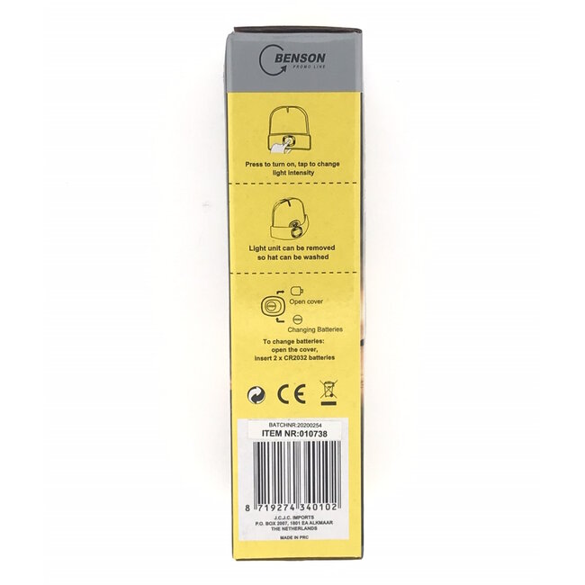 Benson Warme muts met LED verlichting - zwart - drie lichtstanden - uitneembare verlichting - inclusief batterijen