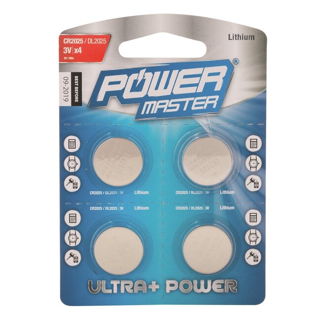 Powermaster Knoopcelbatterij - lithium - CR2025 3 V - zilver - 4 stuks - 0% kwik - voor horloges, camera's en speelgoed