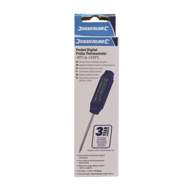 Silverline Digitale zakthermometer - rvs sonde - snelle meting en temperatuurbehoud - meetbereik -40 tot +250 graden - keuken
