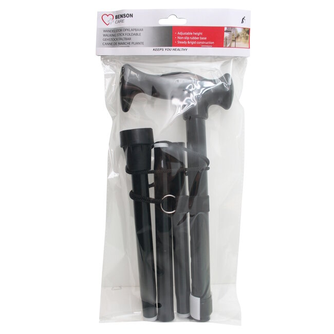 Benson Opvouwbare wandelstok - verstelbare hoogte - zwart - lichtgewicht - anatomisch handvat