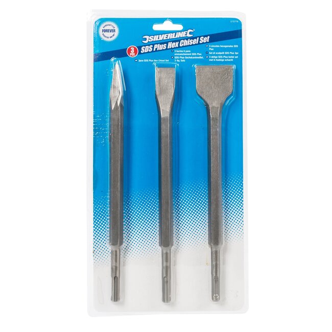 Silverline SDS-plus beitelset - gehard staal - 250 mm - puntbeitel + 21/40 mm - grijs - 3-delig - sloopwerk in steen en beton