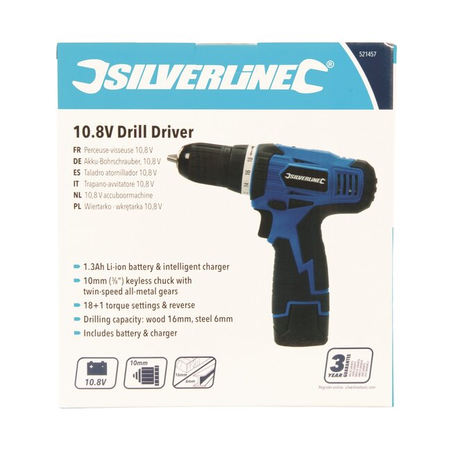 Silverline Accuboormachine - kunststof - 10,8 V lithium-ion, 10 mm boorhouder - zwart - boren en schroeven in hout en staal
