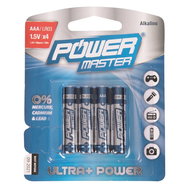 Powermaster AAA batterijen - alkaline - milieubewust 0% zware metalen - 1,5 V 1120 mAh - 4 stuks - voor afstandsbedieningen