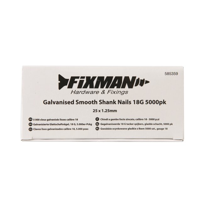 Fixman Afwerkspijkers voor tacker - draadmaat 18 - 25 mm - verzinkt - gladde schacht - zilvergrijs - 5000 stuks - binnen/buiten