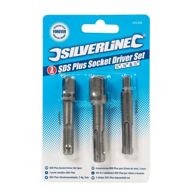 Silverline Adapterset SDS-plus - chroom-vanadiumstaal - naar doppen - 50 mm schacht - staalkleurig - 3-delig - 1/4, 3/8, 1/2 inch
