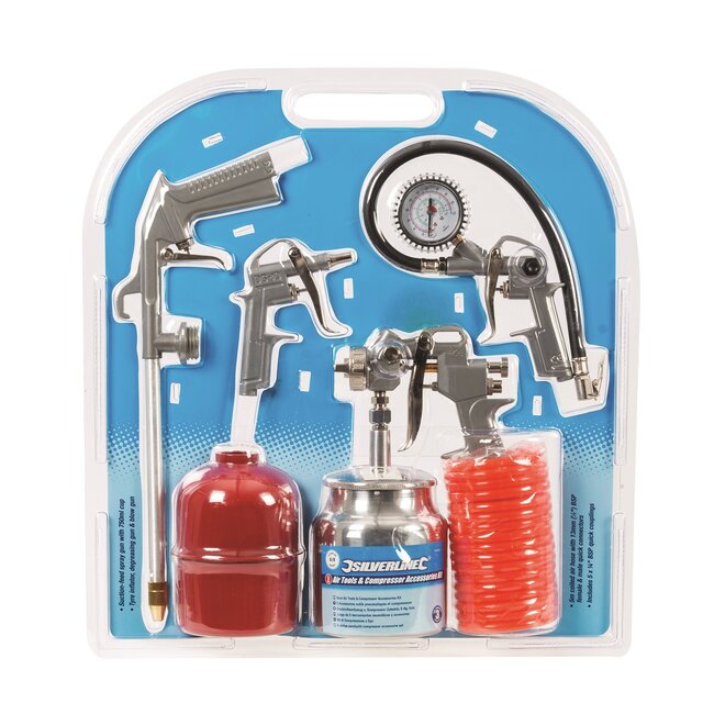 Silverline compressor perslucht accessoireset - 5-delig - metaal en kunststof - gemengd - 500 cm luchtslang - spuiten en pompen