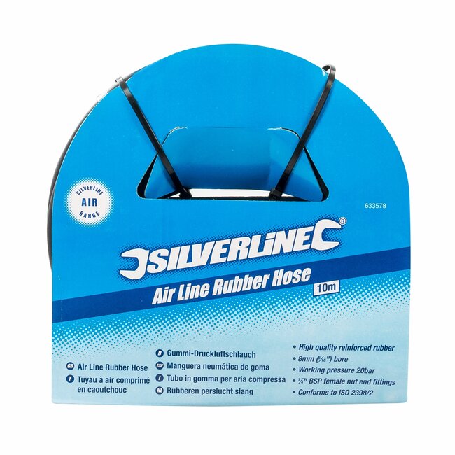 Silverline persluchtslang - rubber - werkdruk 20 bar - 10 meter, 8 mm - 1/4 inch aansluiting - voor compressor en luchtgereedschap
