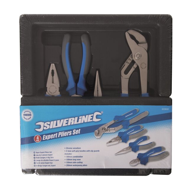 Silverline Tangenset - chroomvanadiumstaal - tweekleurige handvatten - 150-250 mm - 4-delig - grijpen en knippen voor klussen