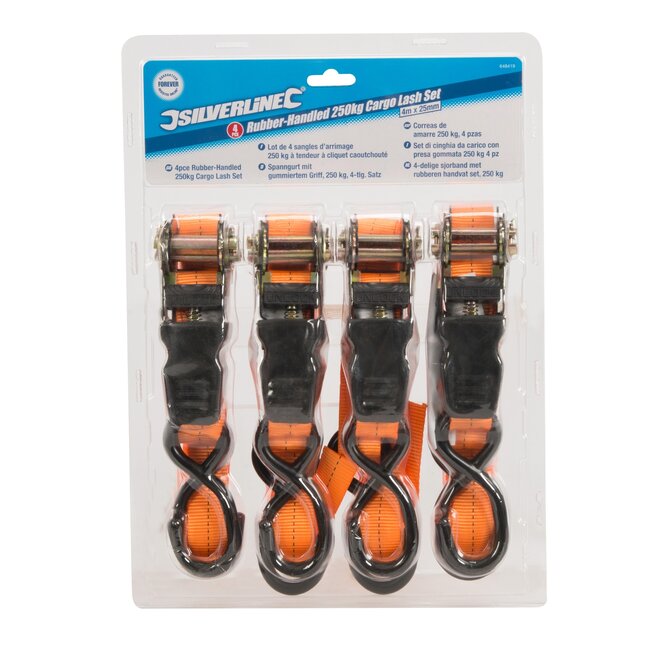 Silverline Ratelspanbanden 4 m met S-haken - polyester - rubberen ratelhandvat, geel - 4 stuks - 735 kg - ladingzekering transport