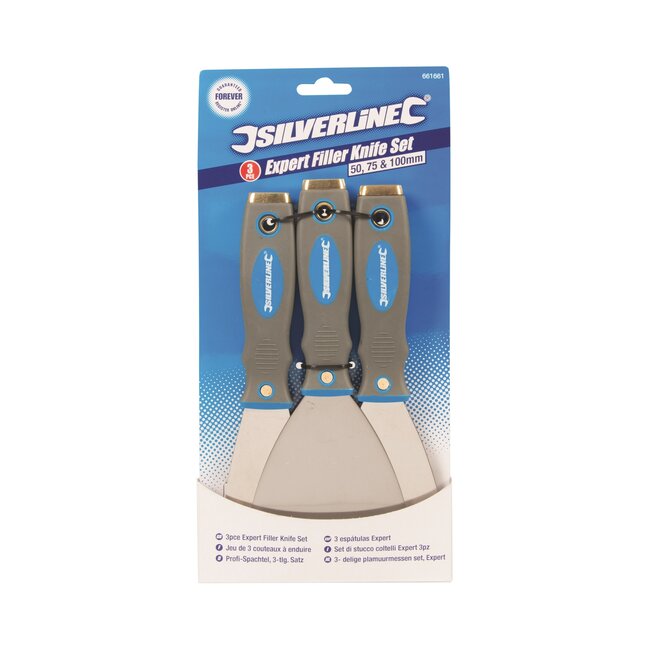 Silverline plamuurmessen set - roestvast staal - 5, 7,5 en 10 cm - zilver - 3-delig - vullen en gladstrijken van plamuur en gips