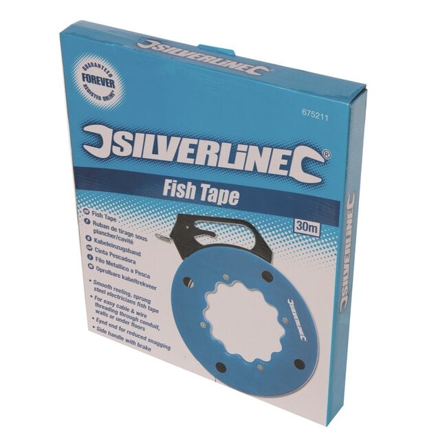 Silverline Kabeltrekveer oprolbaar - flexibel veerstaal - handvat met rem - 30 meter - voor bedrading in leidingen en muren