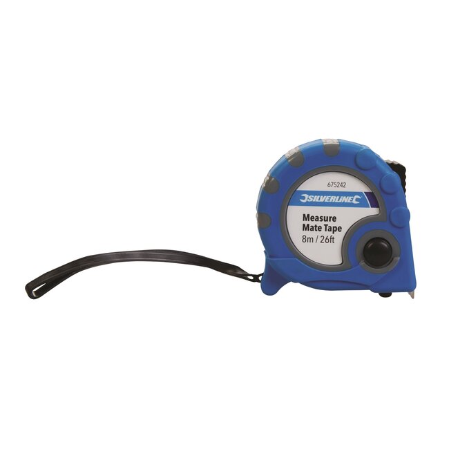 Silverline rolmaat - rubberen behuizing - automatische oprol- en bladvergrendeling - 8 meter - blauw - klussen en huismetingen