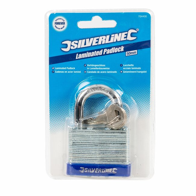 Silverline Hangslot - gelamineerd staal - dubbele vergrendeling - 50 mm - verzinkt - 3 sleutels - voor schuur en poort