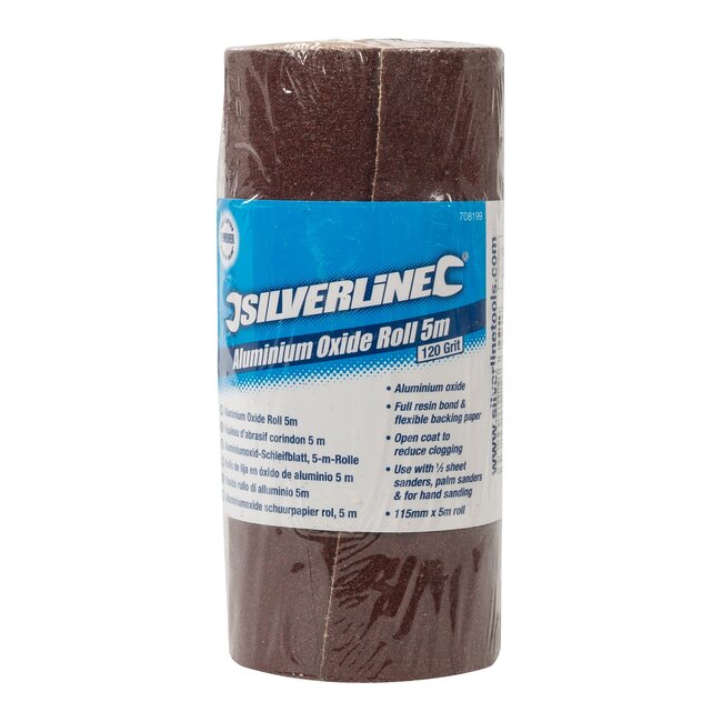 Silverline Schuurpapier op rol - aluminiumoxide - korrel 120 - 115 mm x 5 m - bruin - voor schuren van hout, metaal en kunststof