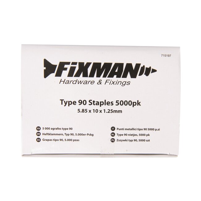 Fixman Tackernieten type 90 - staal - smalle kroon 5,8 mm, lengte 10 mm - extra sterk - 5000 stuks - voor hout en bekleding