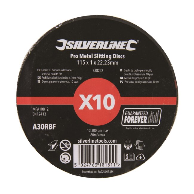 Silverline doorslijpschijven voor metaal - glasvezelversterkt - Ø 115 mm x 1,0 mm, 22,23 mm - 10 stuks - haakse slijpmachine