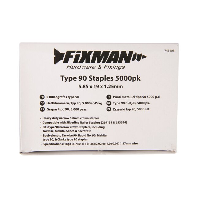 Fixman Smalle kroon nietjes type 90 - staal - zware uitvoering - 19 mm - staalkleurig - 5000 stuks - voor nietmachines