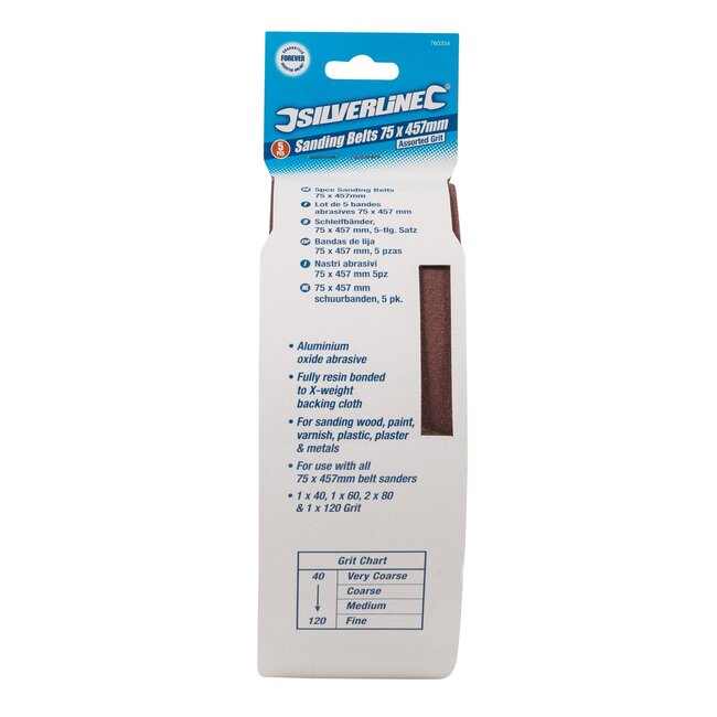 Silverline Schuurbanden - aluminiumoxide - 75 x 457 mm - bruin - set van 5 - korrel 40/60/80/120 - voor schuren van hout en metaal
