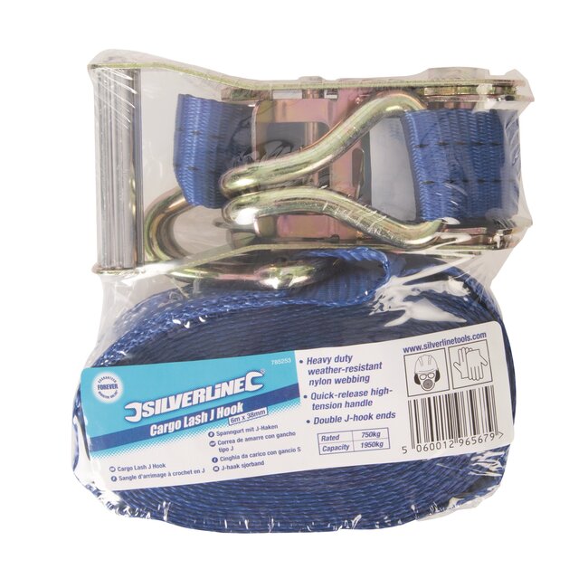 Silverline Sjorband met ratel - polyester - J-haken - 600 cm - geel - 1950 kg - voor ladingzekering aanhanger en auto