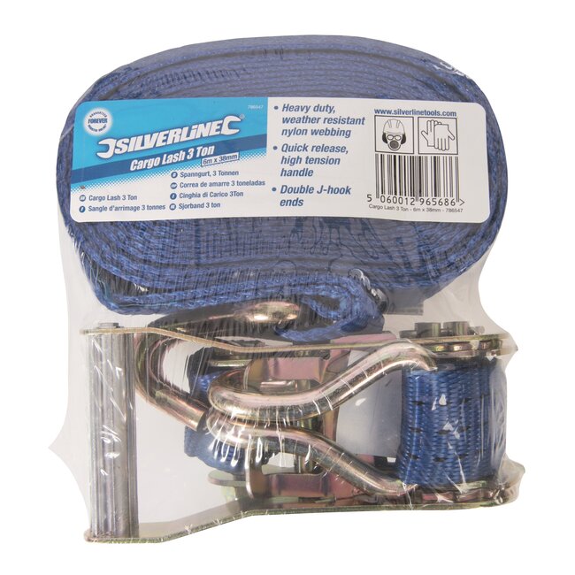 Silverline ratelspanband polyester - weerbestendig - automatische ratel - 6 m - 2777 kg - J-haken - lading vastzetten op aanhanger